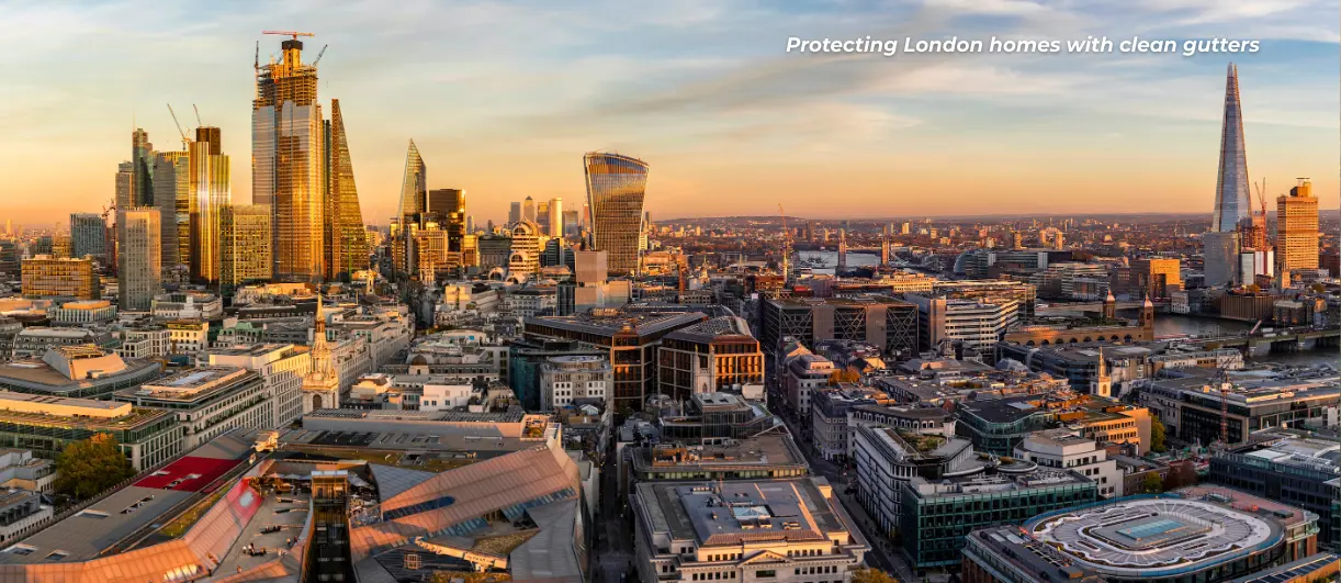 A drone shot landscape showing central London and its iconic landmarks whilst showing an urban surrounding of roofs, giving an idea of what gutter cleaners commonly deal with in London