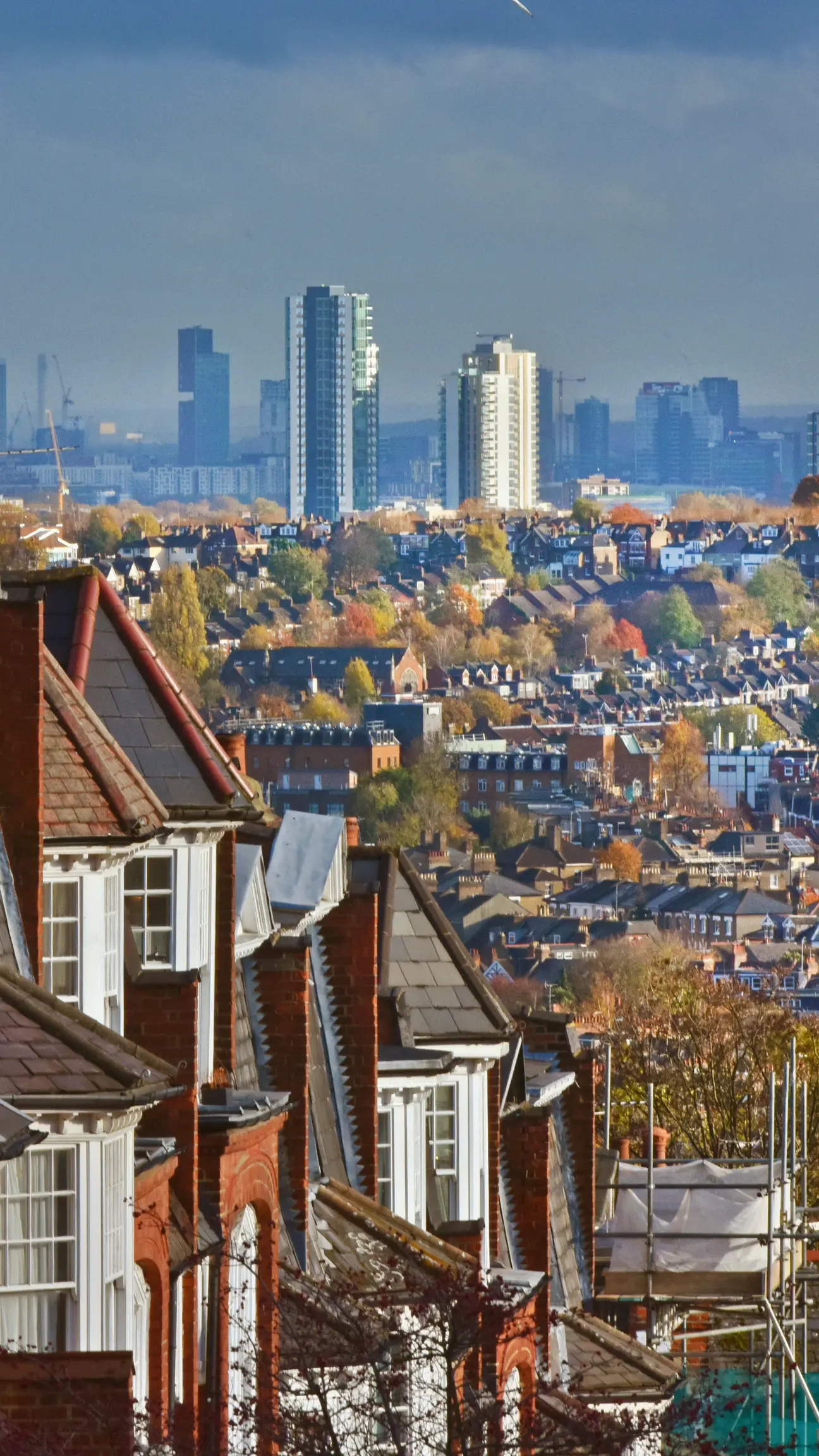 This portrait image shows a street in London whilst simultaneously displaying a skyline backdrop of buildings that gutter cleaners go to when they need cleaning.
