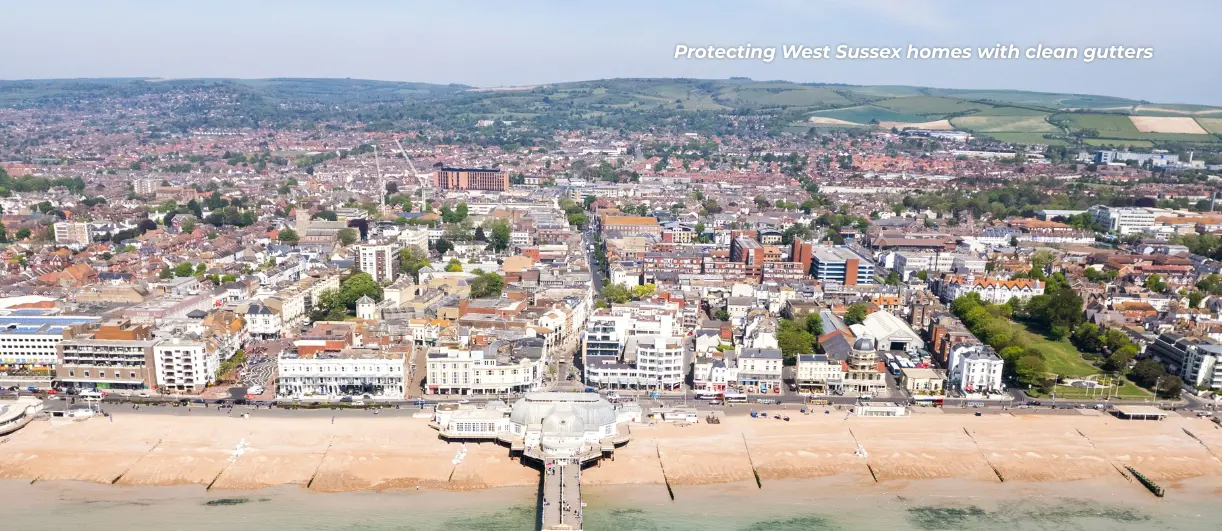 An aerial shot of Worthing for the West Sussex target audience regarding gutter cleaning.