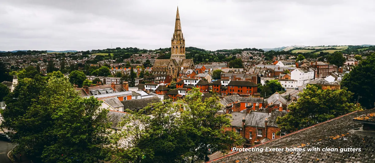 A landscape image of Exeter showing collages of buildings, roofs and gutters that need cleaning out in the area. For decorative purposes.