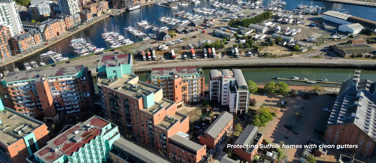 An aerial landscape showing the urban settings of Suffolk for locational context to our target audience.